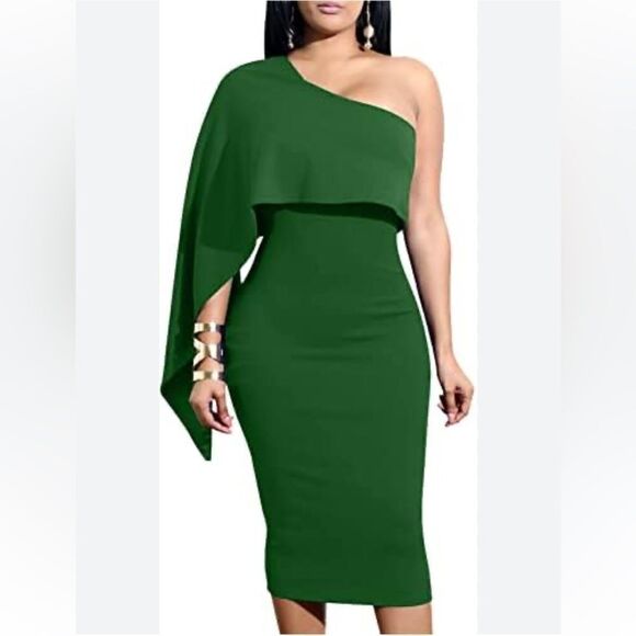 Elegant One Shoulder Layered Irregular Sleeve Emerald Green Midi Dress Large - Picture 1 of 11